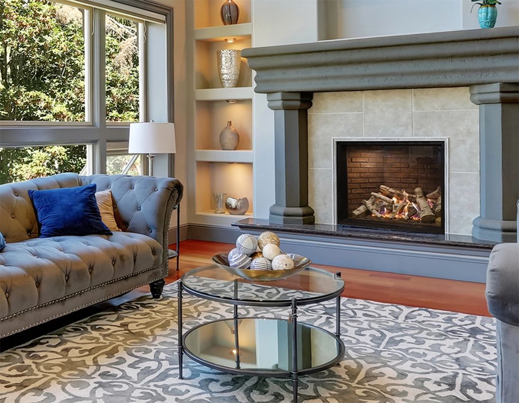 gas fireplace in gorgeous living room with large mantle