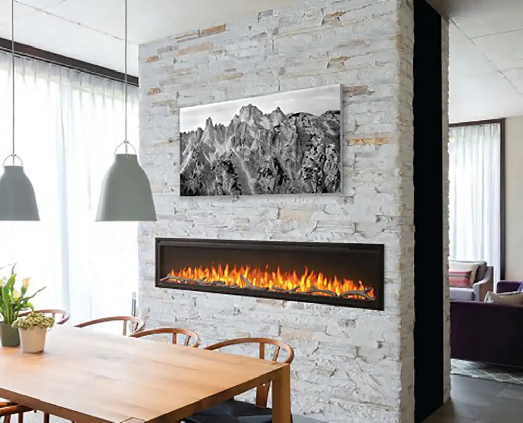 electric fireplace built into brick wall