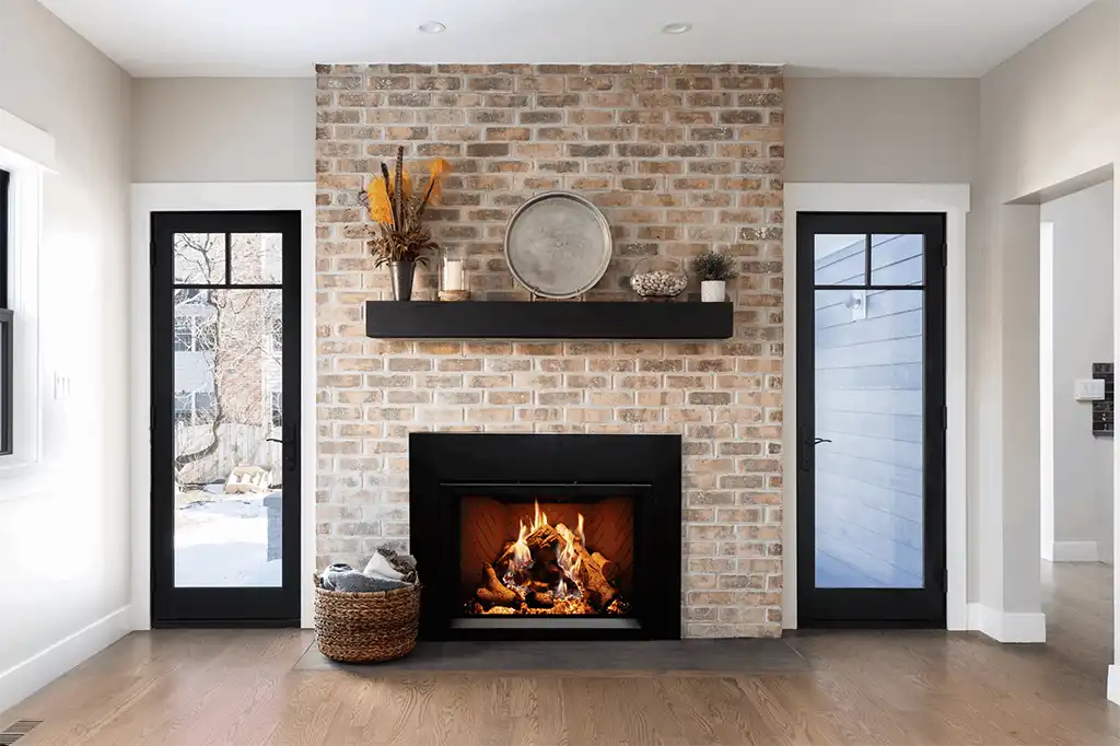 gas fireplace with rustic back