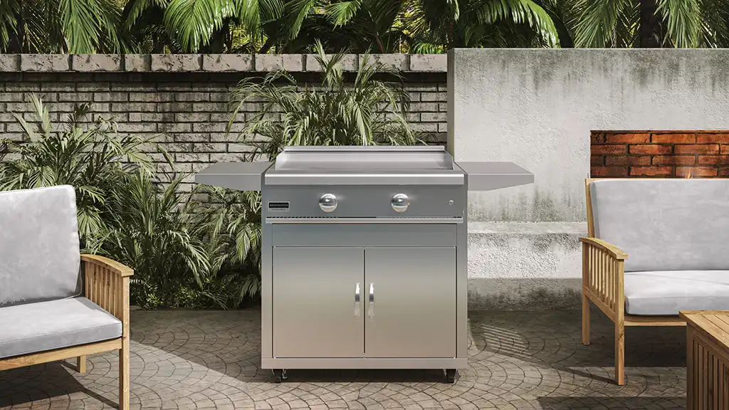 silver grill on a nice outdoor patio