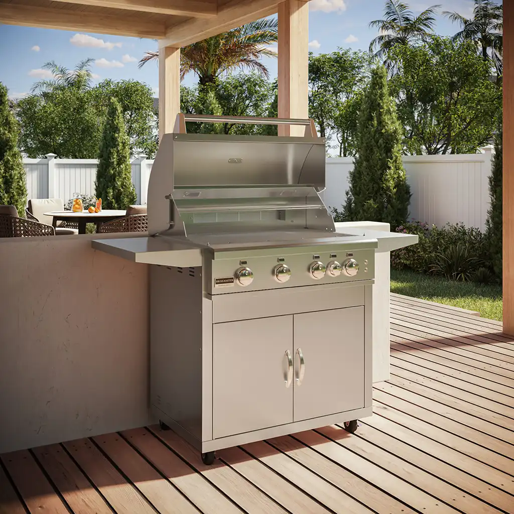 silver grill on a nice outdoor patio