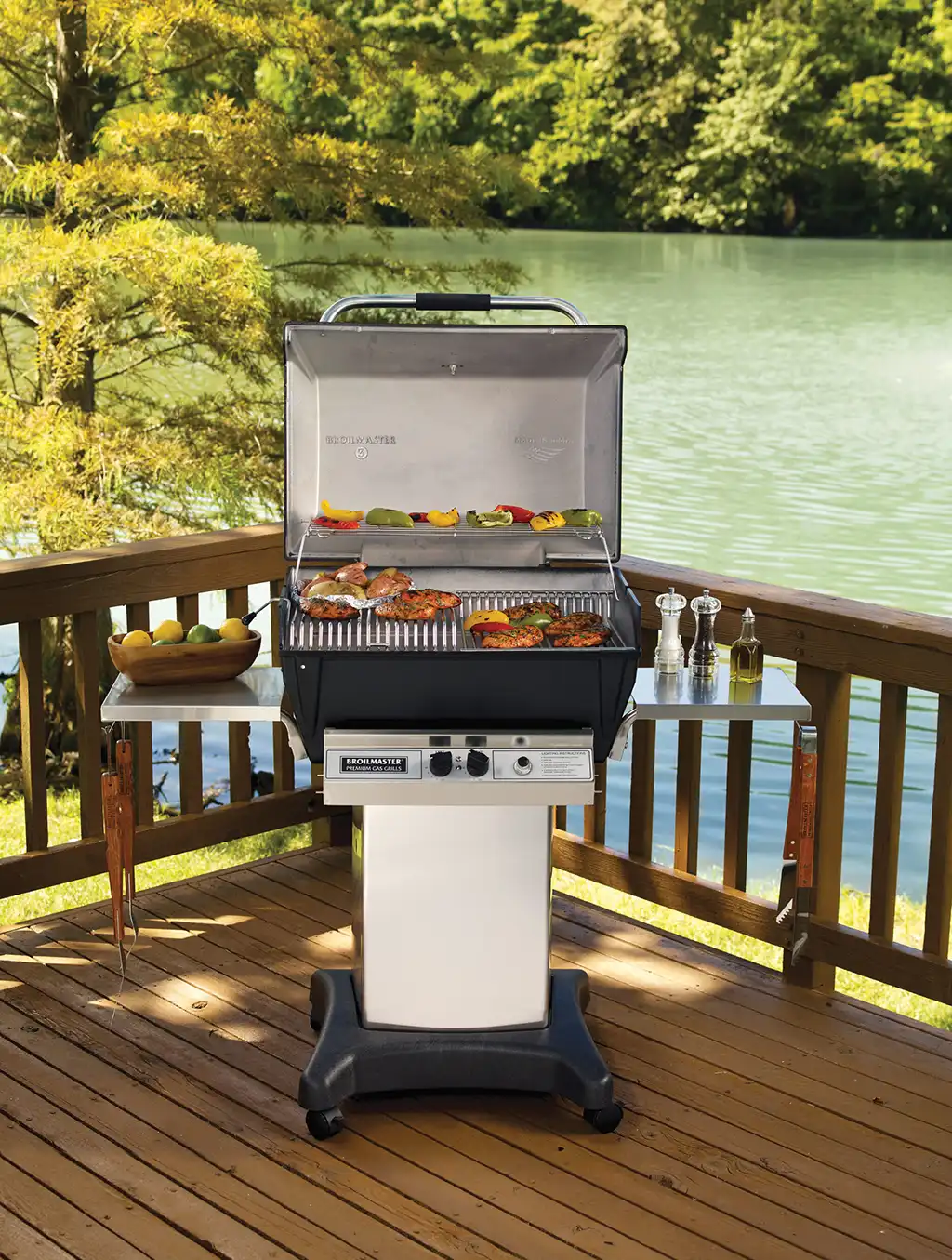 outdoor grill on deck by the lake